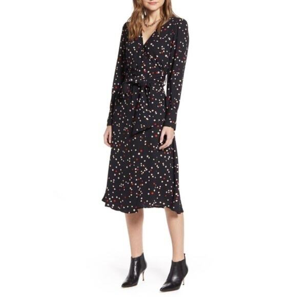 🆕 HALOGEN | Black Colorful Polka Dots Long Sleeve Midi Wrap Dress | Small - Picture 1 of 7